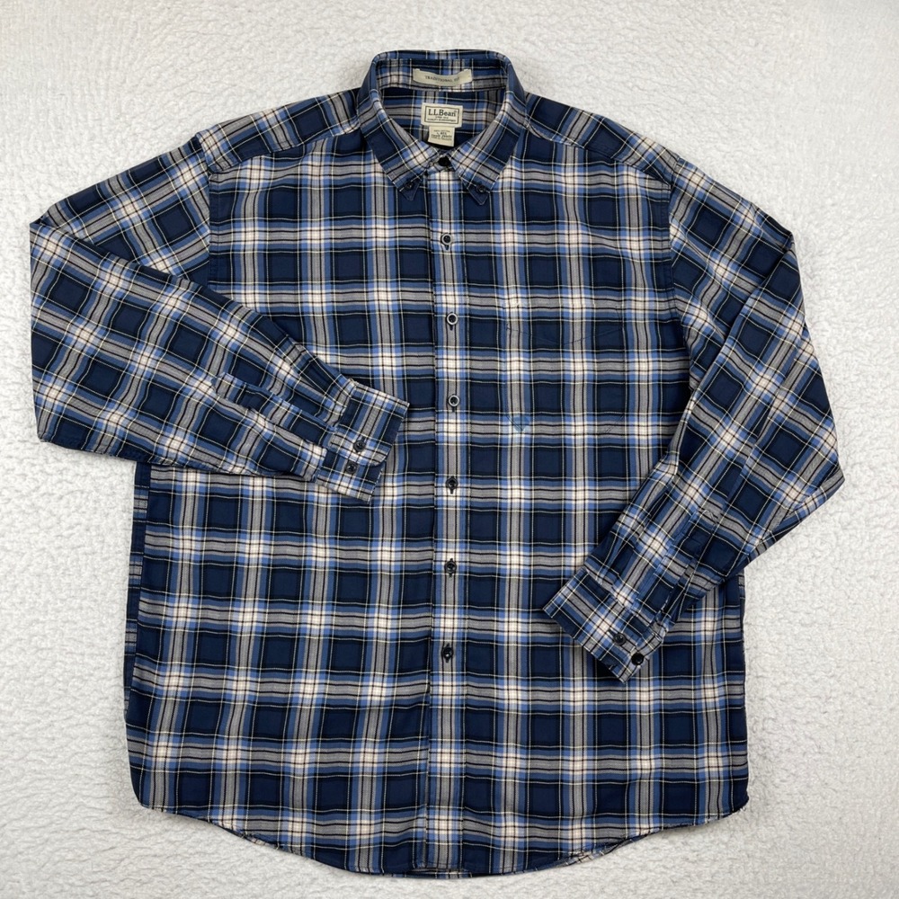 L.L. Bean Button Down Shirt Mens Large Blue Plaid Traditional Fit Cotton Granola